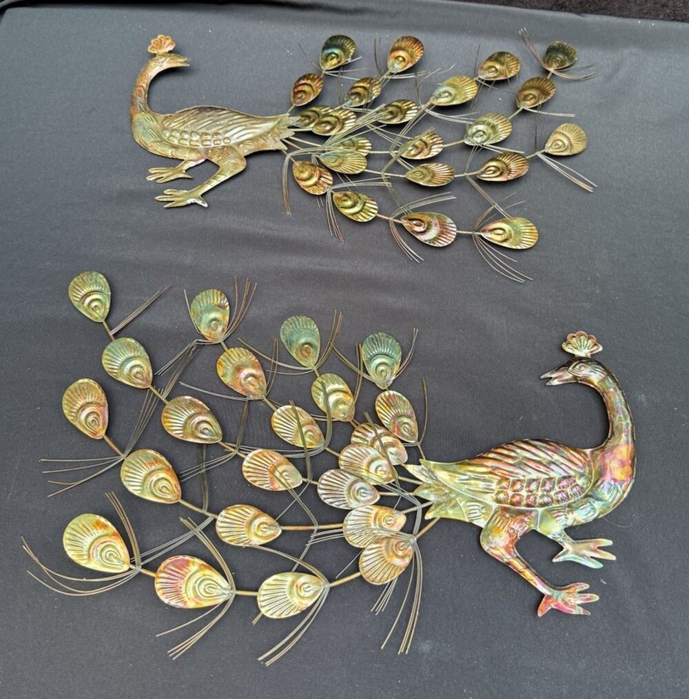 Vintage! Set of 2 Original Metal Peacocks, Mid Century Modern Wall Art -S1